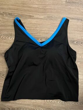 2- piece tankini and skirt. Black with Blue Accent. Very flattering. EUC